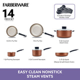 Farberware Easy Clean Steam Vent Cookware Nonstick Pots and Pans Set, 14-Piece, Copper - Farberware - Nimbus Distributors - wholesale and distributors in United States