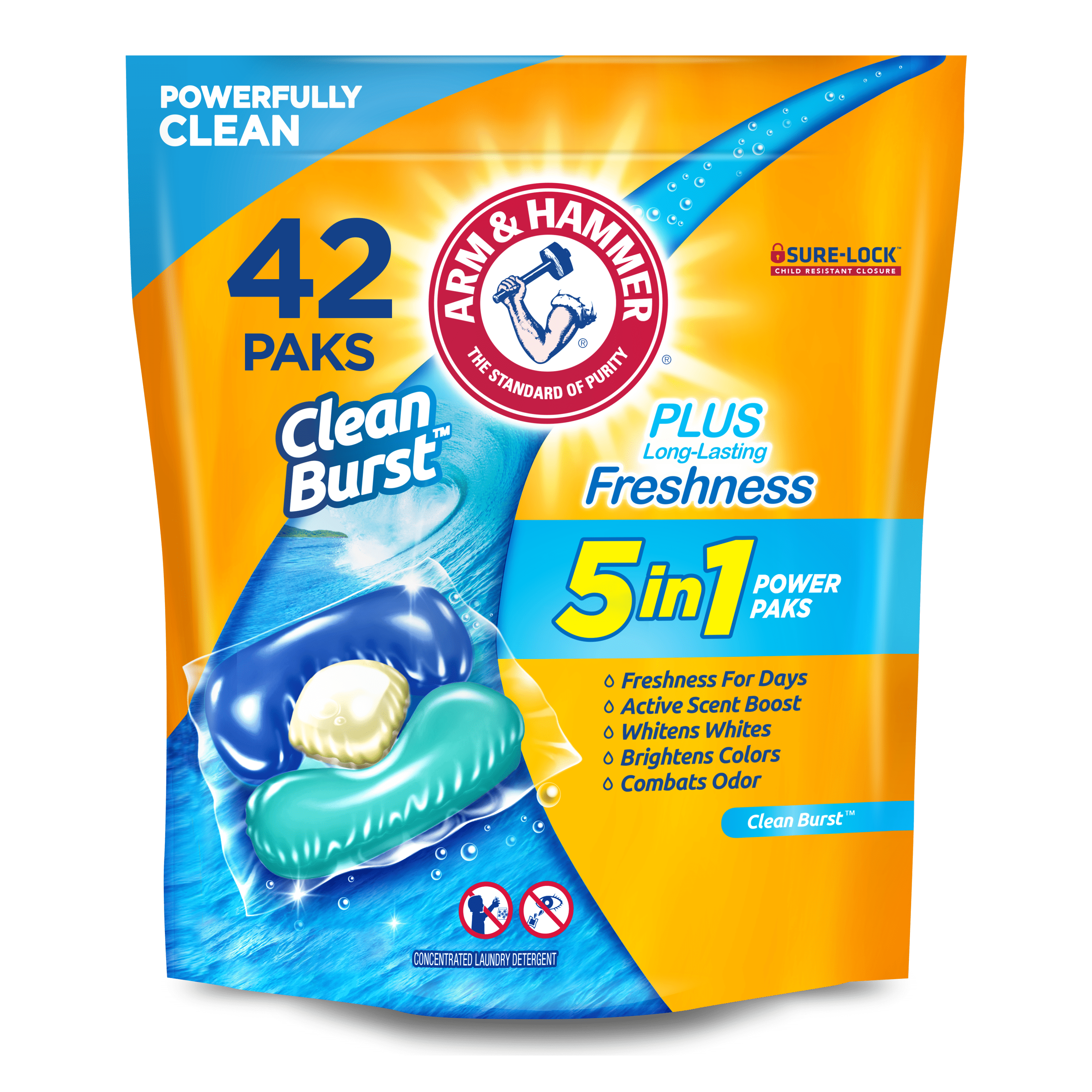 Arm Hammer Clean Burst 5-in-1 Laundry Detergent Power Paks, High Efficieny (HE), 42 Count - Arm & Hammer - Nimbus Distributors - wholesale and distributors in United States