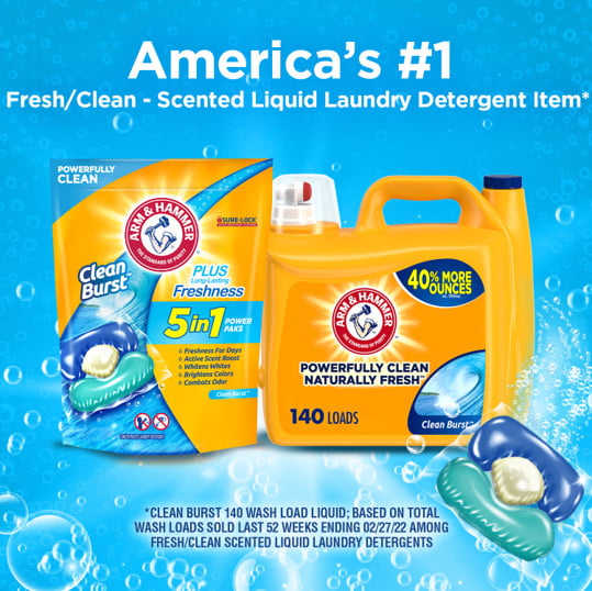 Arm Hammer Clean Burst 5-in-1 Laundry Detergent Power Paks, High Efficieny (HE), 42 Count - Arm & Hammer - Nimbus Distributors - wholesale and distributors in United States